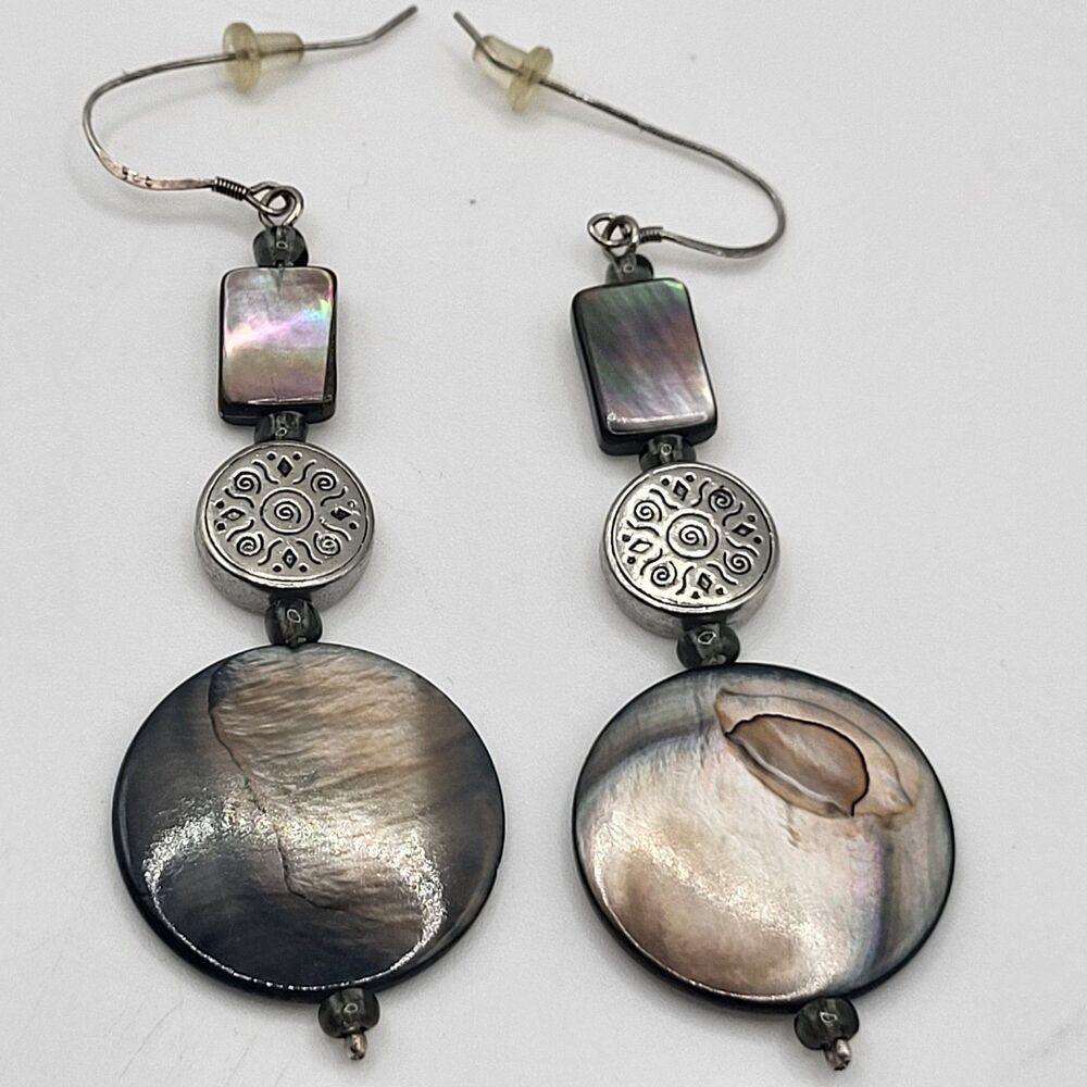 Artisan Handmade Mother of Pearl Abalone Dangle Earrings 3.25in sterling hoooks
